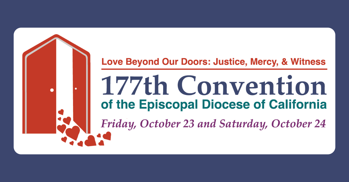 177th Convention Logo with theme phrase, "Love Beyond our Doors: Justice, Mercy, & Witnes." Logo shows a double red arched door with one door open and hearts coming out.